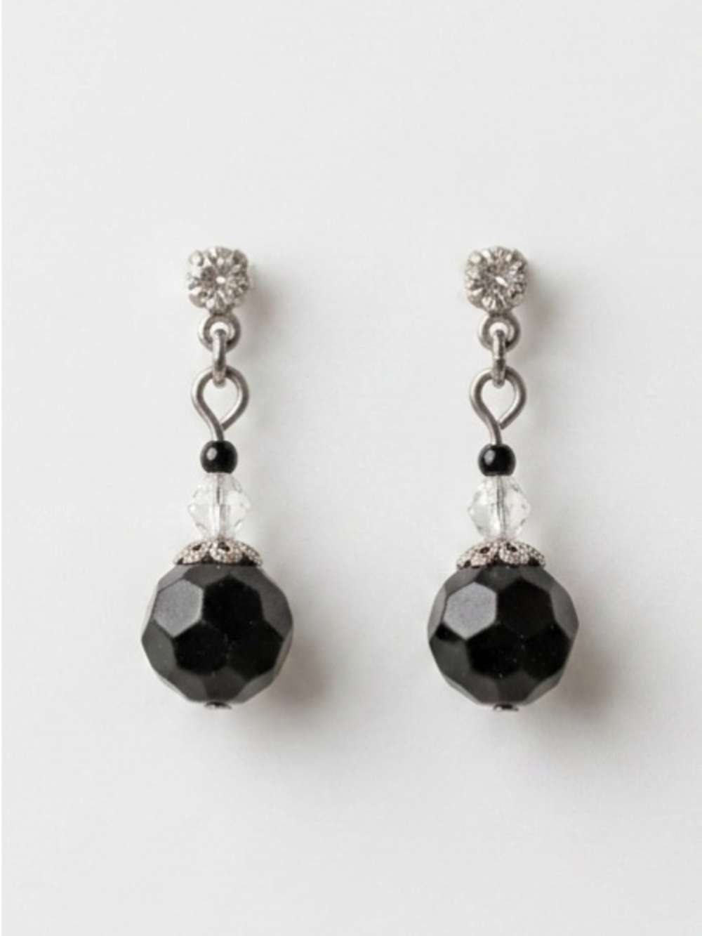 Vintage Silver Tone Black Beaded Dangle Earrings With Rhinestone Accent